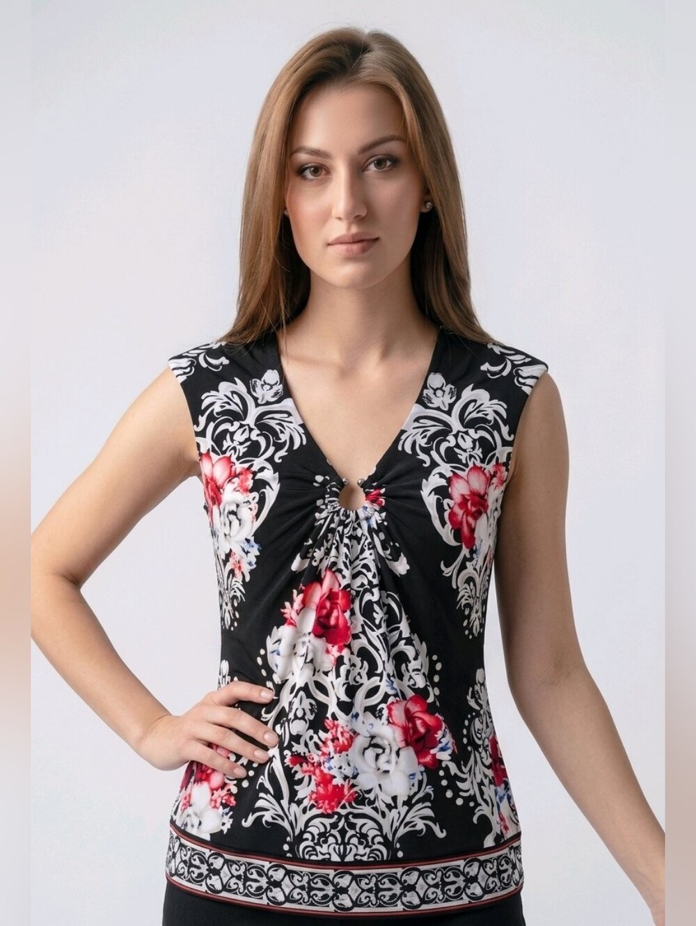 White House Black Market Black Floral Top with Red/White Highlights